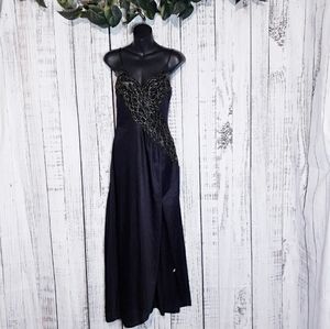 Vintage 80s silky black maxi nightgown w/ metallic gold floral lace trim & slit